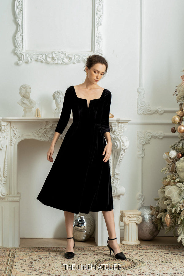 IRYNA Wedding Guest Velvet Dress | Winter Vintage Dress | Formal Cocktail Dress Women | Long Sleeve Full Skirt Dress | Gathered Midi Dress