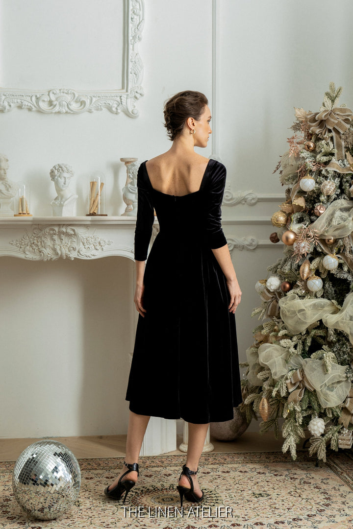 IRYNA Wedding Guest Velvet Dress | Winter Vintage Dress | Formal Cocktail Dress Women | Long Sleeve Full Skirt Dress | Gathered Midi Dress