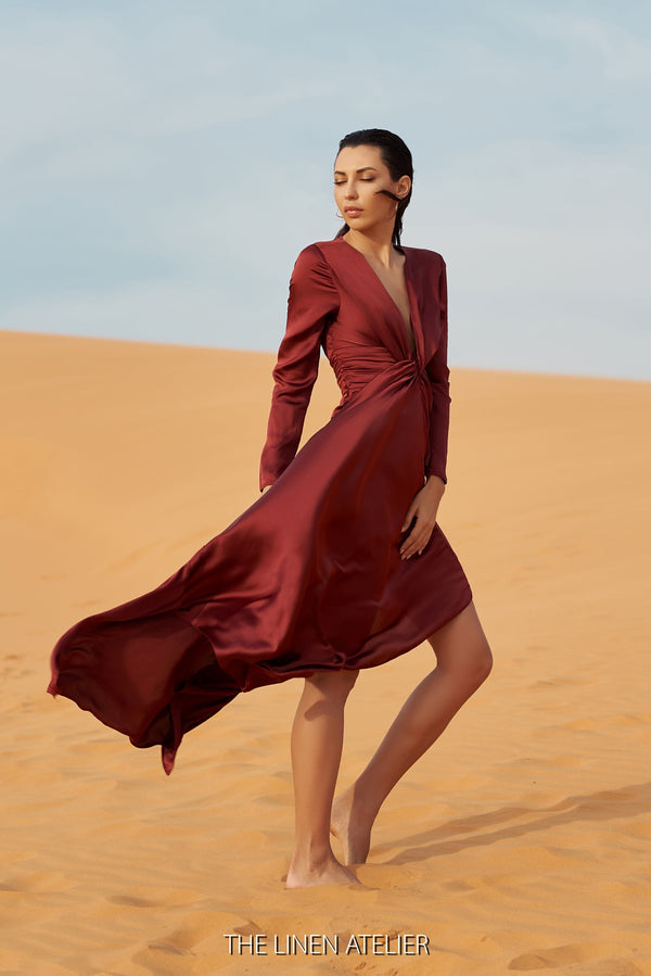 LEVIYAH Twist & Drape Front Silk Dress