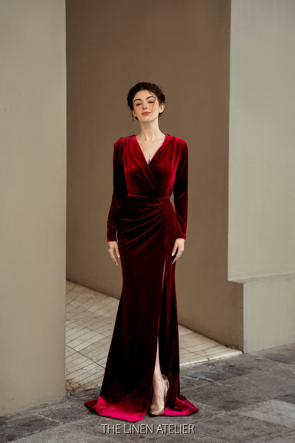 MAUREEN Red Velvet Bridesmaid Dress