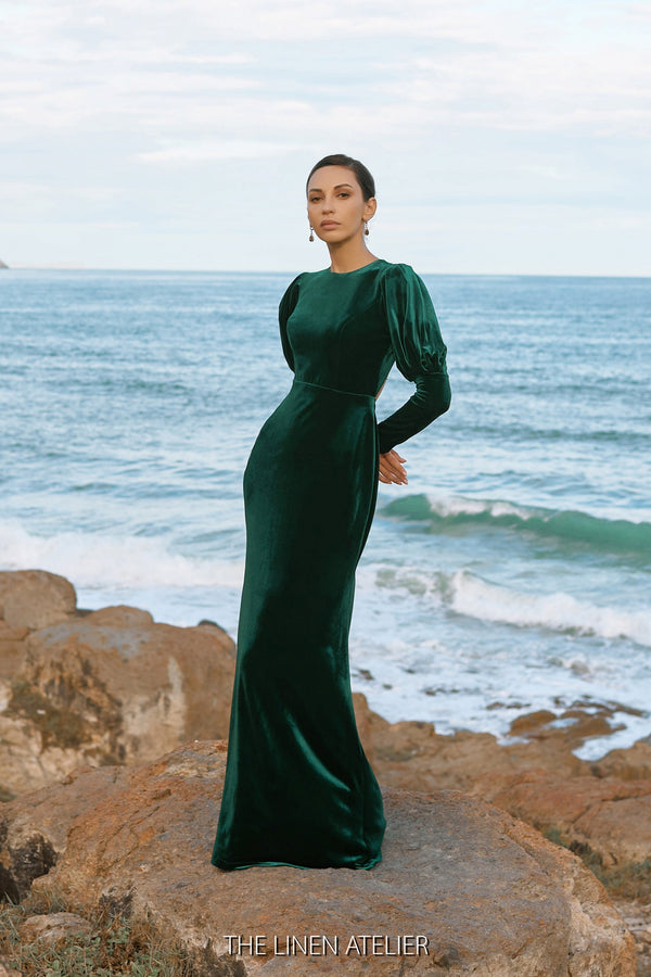 SIGNE Open Back Dark Green Velvet Dress