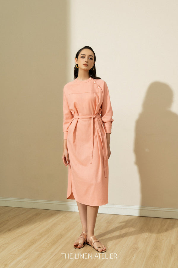 AVA Tied Waist with Details Button on Shoulder Linen Dress