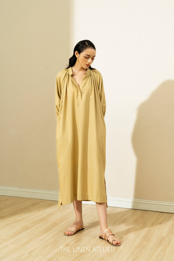 ABIGAIL Oversized Style Pleated Front Linen Tunic Dress