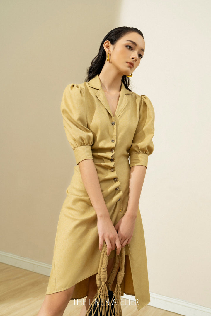 LUNA Gathering Button Dress | Custom Made | Linen Dress For Women | Linen Clothing | Button-up Dress | V-neck with Collar | Linen Atelier