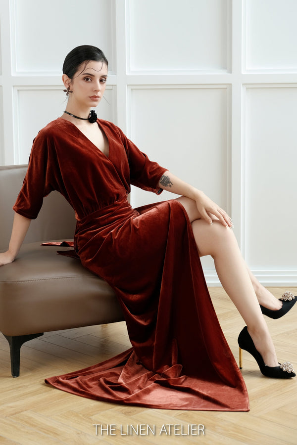 DEBEE Velvet Wrap V Neck Tie Waist Dress