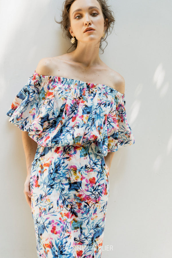 KAROLINA Floral Linen Ruffle Midi Dress