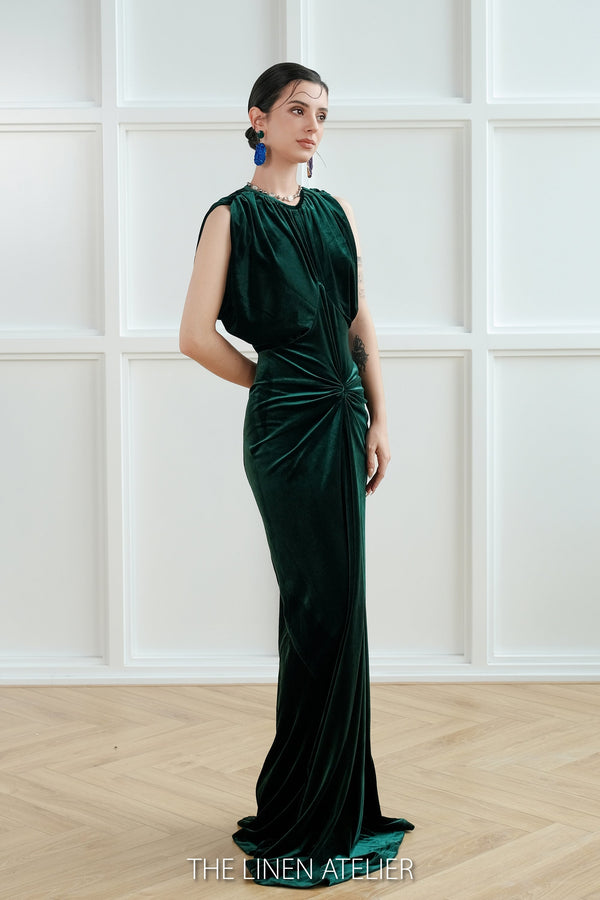 LINDSAY Draped Sleeves Velvet Evening Gown