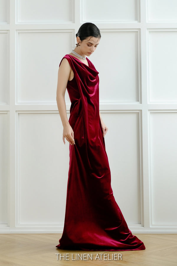 NUTH Cowl Back Tie Waist Velvet Dress