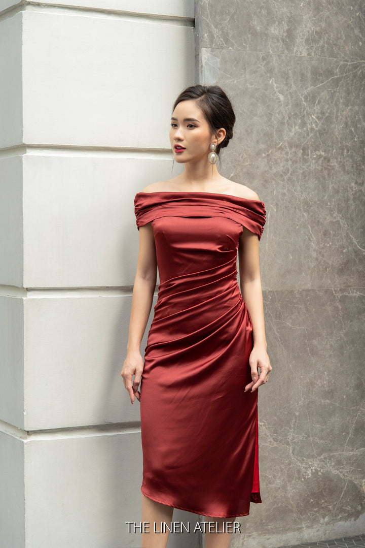 PALOMA Off The Shoulder Silk Midi Dress | Red Satin Engagement Dress | Evening Formal Cocktail Dress | Summer Prom Dress | Party Event Dress