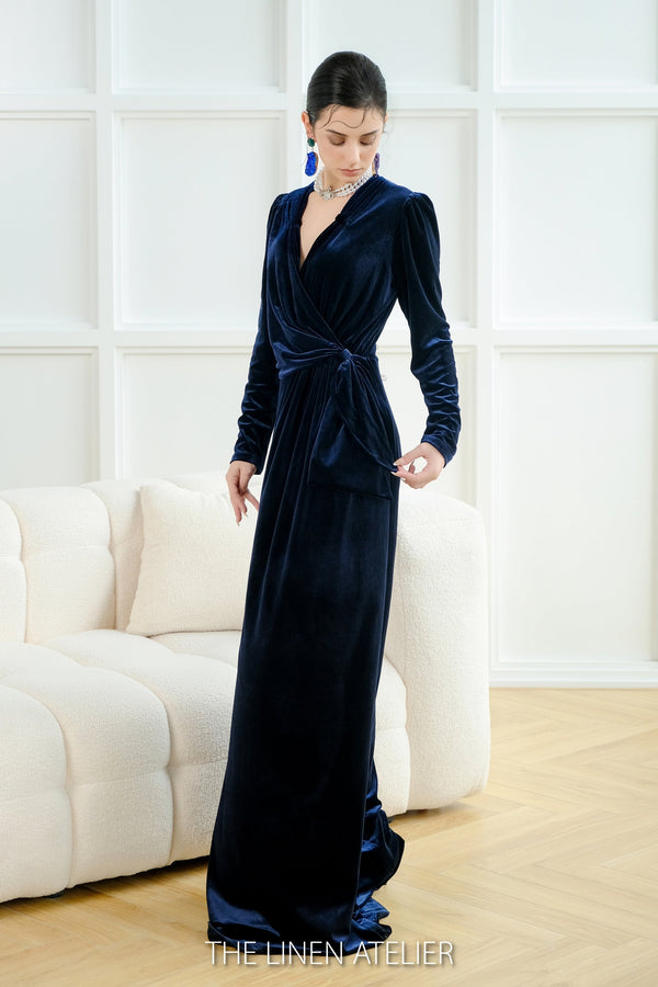 SAMMY Ruched Shoulder Velvet Gown