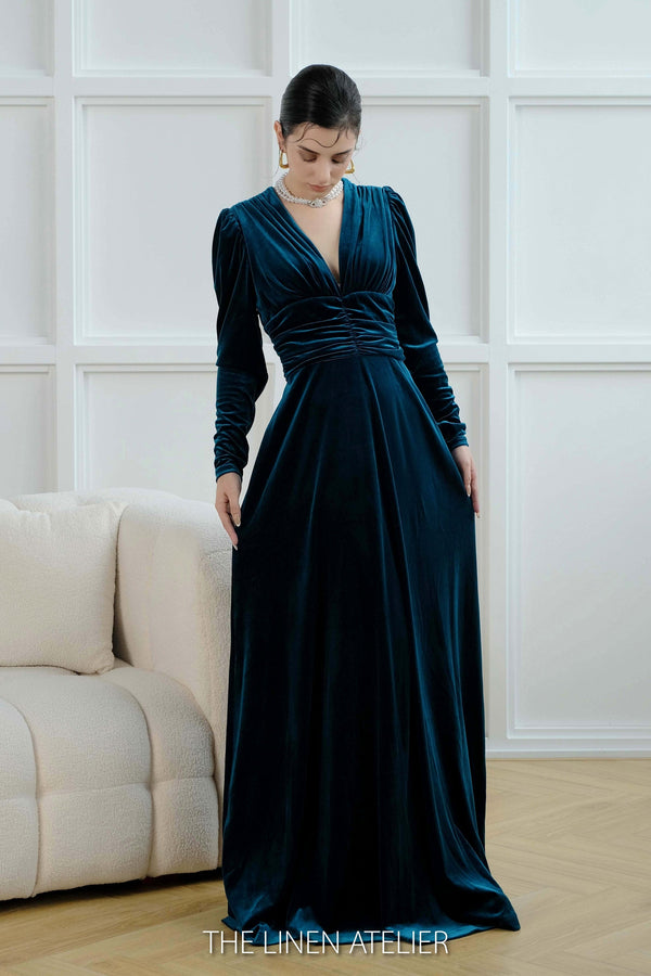 SHERRY V-neck Long Sleeves Velvet Dress