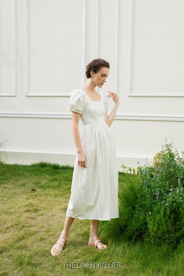 PIPER Linen Puff Sleeves Cottagecore Dress | Milkmaid Dress White | Scoop Back Peasant Dress | White Linen Midi Dress | Fall Dress Women