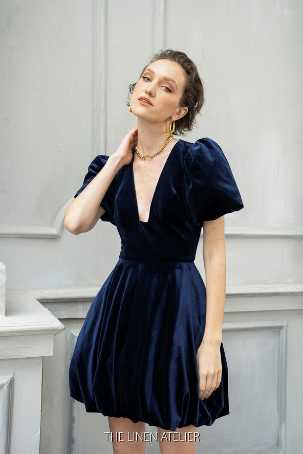 KATY Bubble Skirt Cocktail Dress | Velvet Wedding Guest Mini Dress | Blue Dress Short | Bridesmaid Dress Short | Lolita Puff Sleeves Dress