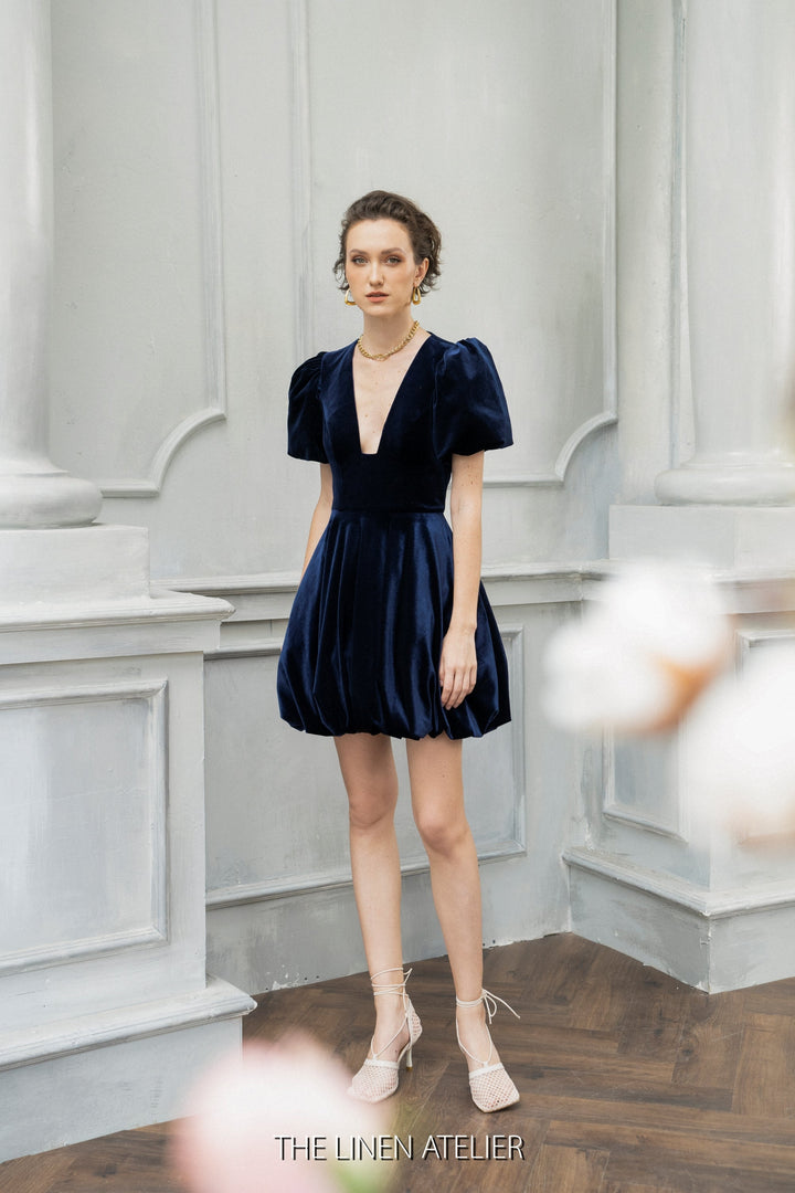 KATY Bubble Skirt Cocktail Dress | Velvet Wedding Guest Mini Dress | Blue Dress Short | Bridesmaid Dress Short | Lolita Puff Sleeves Dress