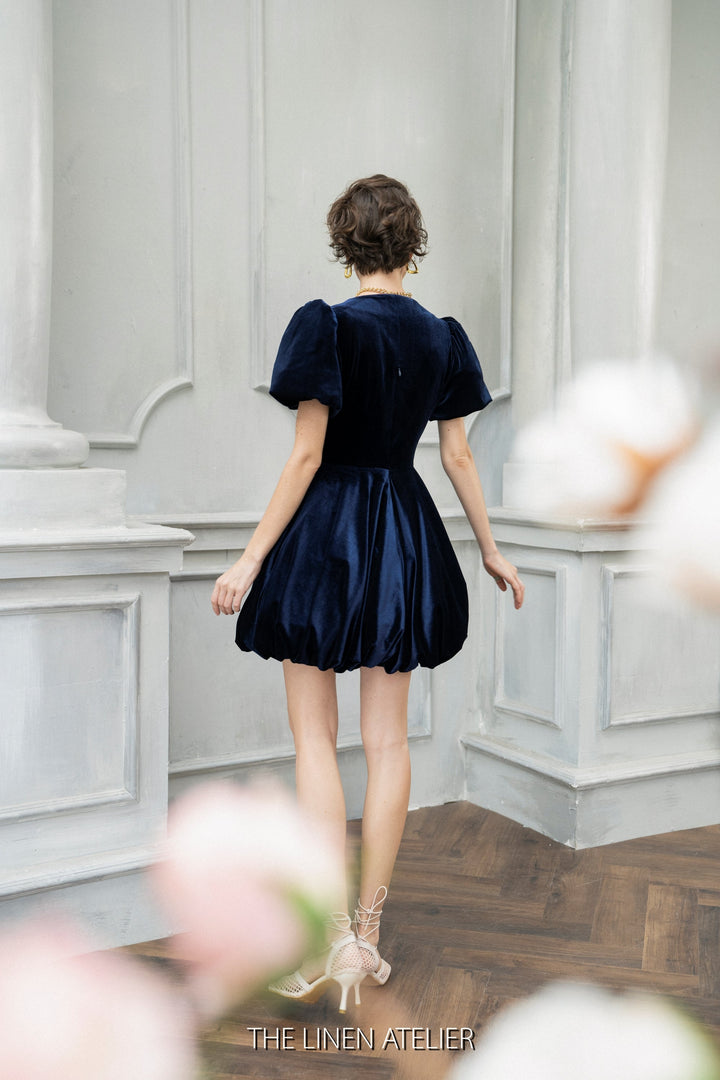 KATY Bubble Skirt Cocktail Dress | Velvet Wedding Guest Mini Dress | Blue Dress Short | Bridesmaid Dress Short | Lolita Puff Sleeves Dress