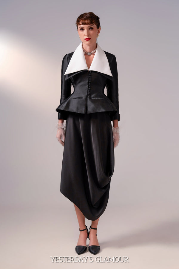 Greta Cinched Waist Jacket and Dramatic Asymmetrical Draped Skirt