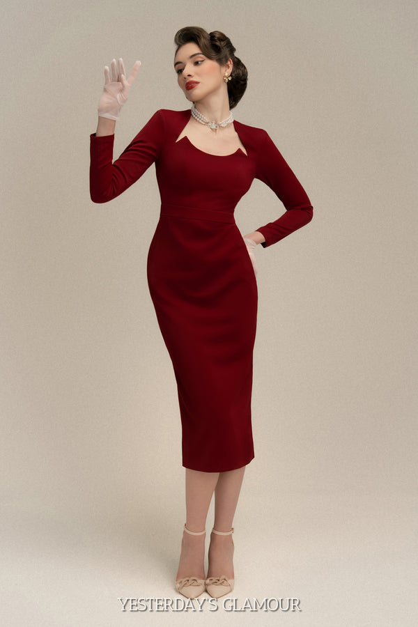 Alexandra Long Sleeve Midi Work Dress with Cut-Out Neckline