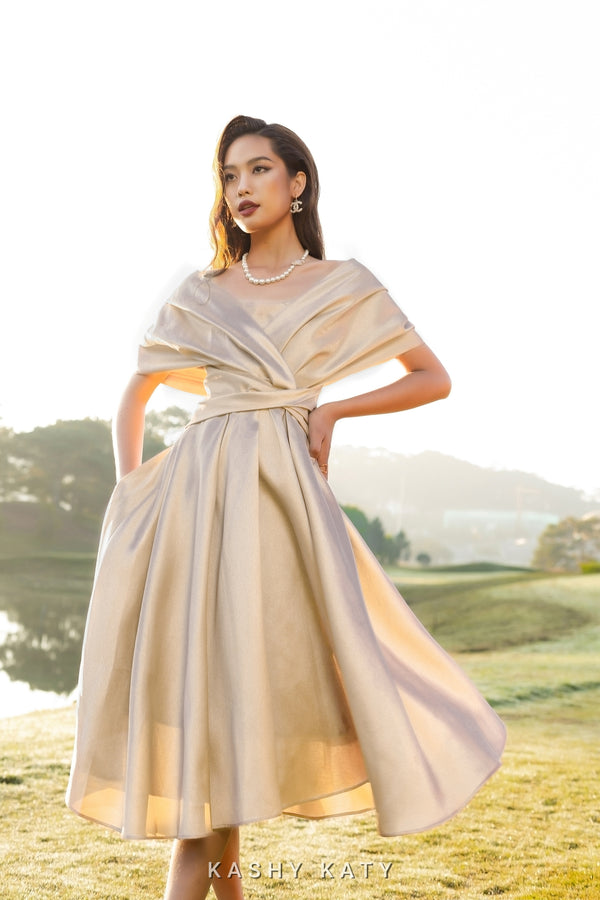Champagne Gold Off Shoulder Cocktail Theodora Dress – Elegant Midi Fit and Flare Party Gown with Draped Waist