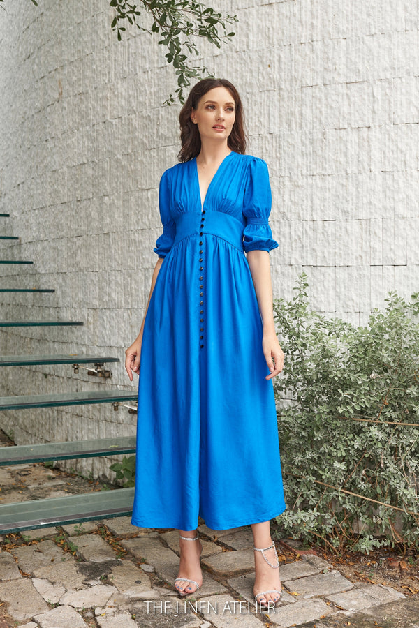 MIRA Long Puff Sleeve Linen Dress