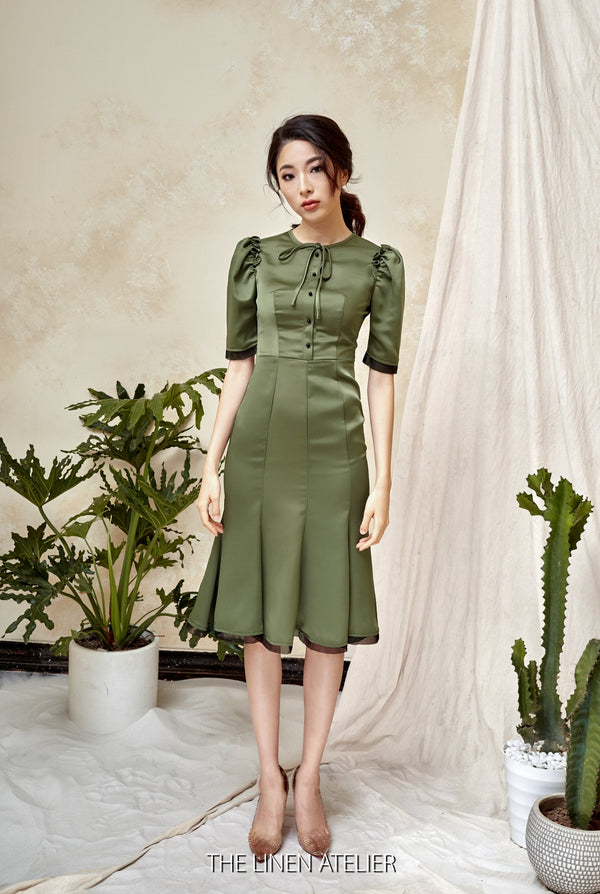 MELANIE Silk Little Mermaid Dress With Puff Sleeves | Satin Cocktail Dress | Green Bridesmaid Dress | Wedding Guest Dress | Party Midi Dress