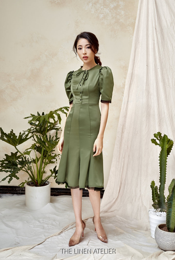 MELANIE Silk Little Mermaid Dress With Puff Sleeves | Satin Cocktail Dress | Green Bridesmaid Dress | Wedding Guest Dress | Party Midi Dress