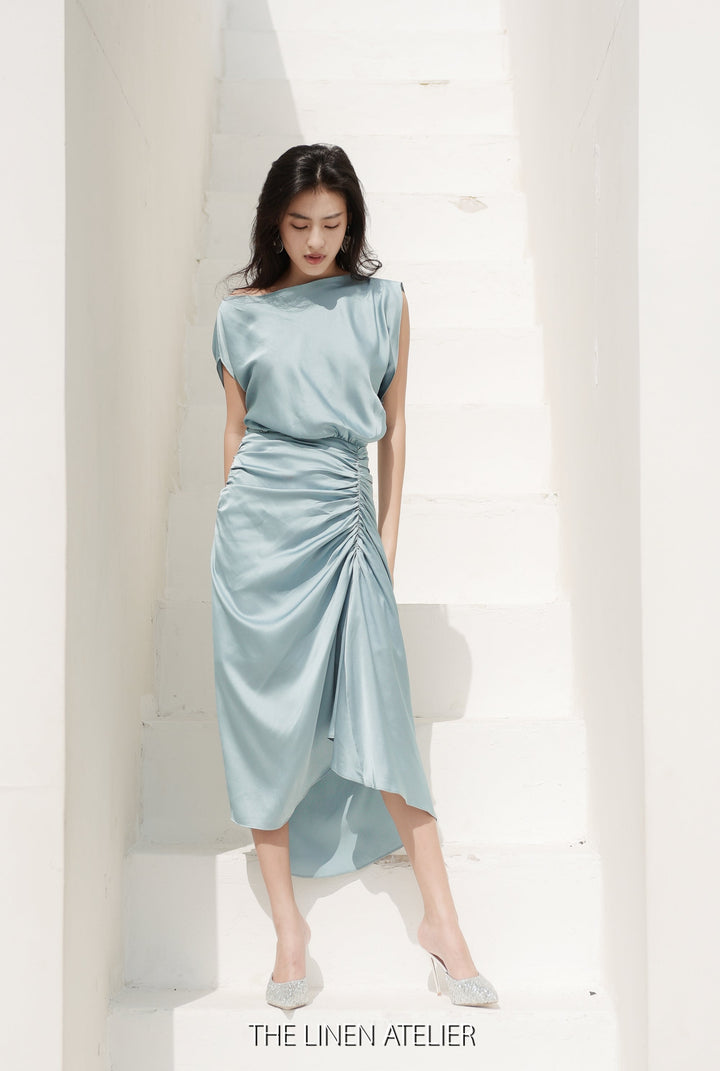 FREYA Draped Silk Dress Wedding Guest | Silk Bridesmaid Dress | Turquoise Dress For Women | Satin Prom Dress | Cocktail Dress Spring Midi