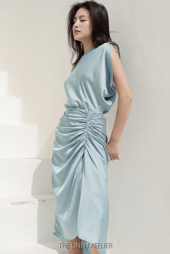 FREYA Draped Silk Dress Wedding Guest | Silk Bridesmaid Dress | Turquoise Dress For Women | Satin Prom Dress | Cocktail Dress Spring Midi