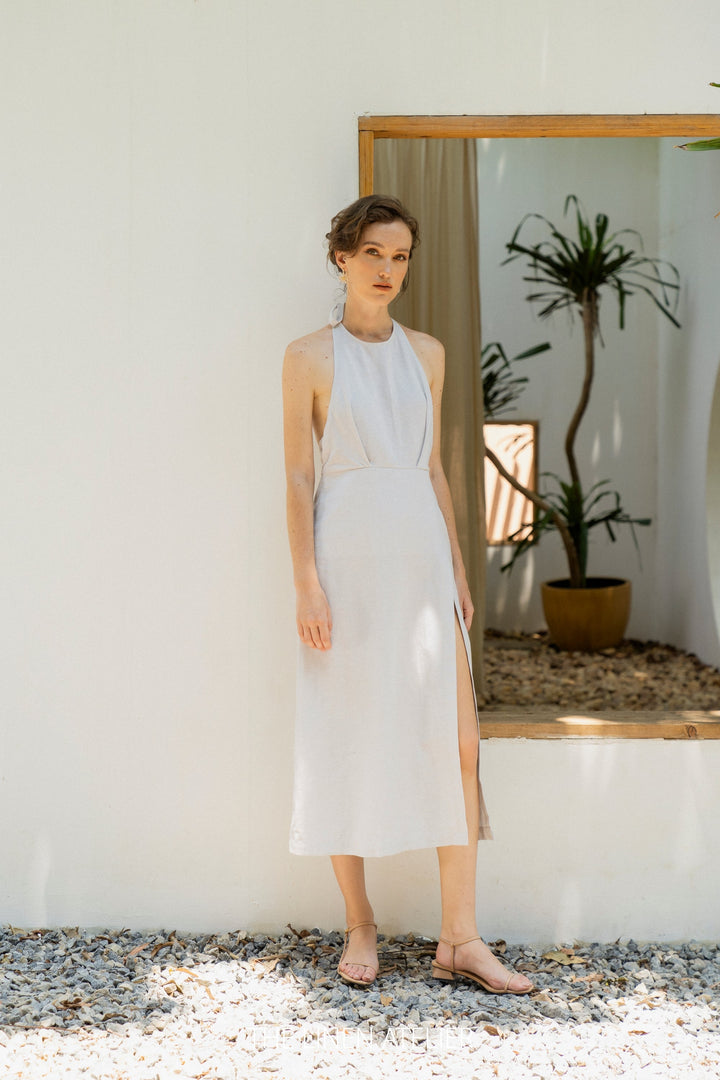 CASSI Linen Backless Dress with Halter Neck Look Want Wear Love CASSI Linen Backless Dress with Halter Neck Look Want Wear Love