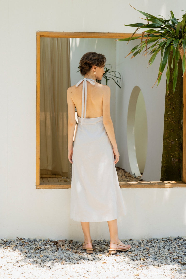 CASSI Linen Backless Dress with Halter Neck Look Want Wear Love CASSI Linen Backless Dress with Halter Neck Look Want Wear Love