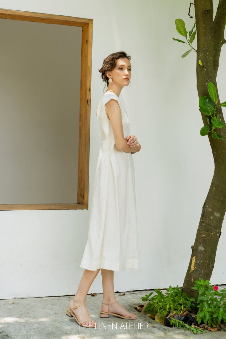 PHOEBE Open Back Linen Midi Dress | wedding guests dress | linen button dress | white linen dress | linen dress custom | engagement dress