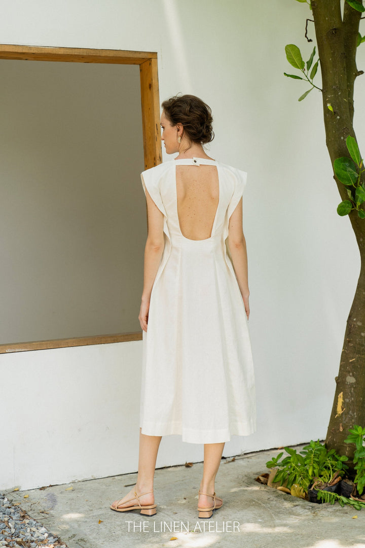 PHOEBE Open Back Linen Midi Dress | wedding guests dress | linen button dress | white linen dress | linen dress custom | engagement dress