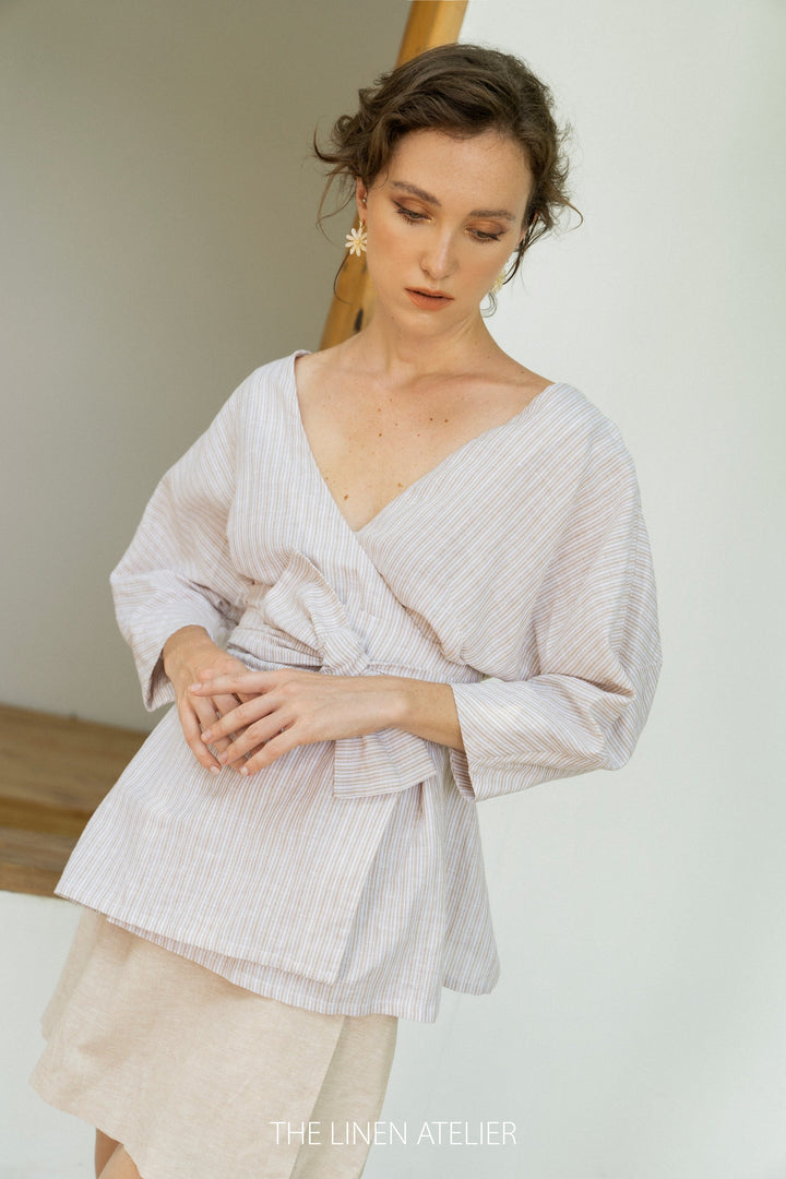 NIA V-neck Wrap Blouse Women | Linen Wrap Top | Summer Blouse For Women | Women's Linen Blouse | Made To Order Blouse | Kimono Top Women