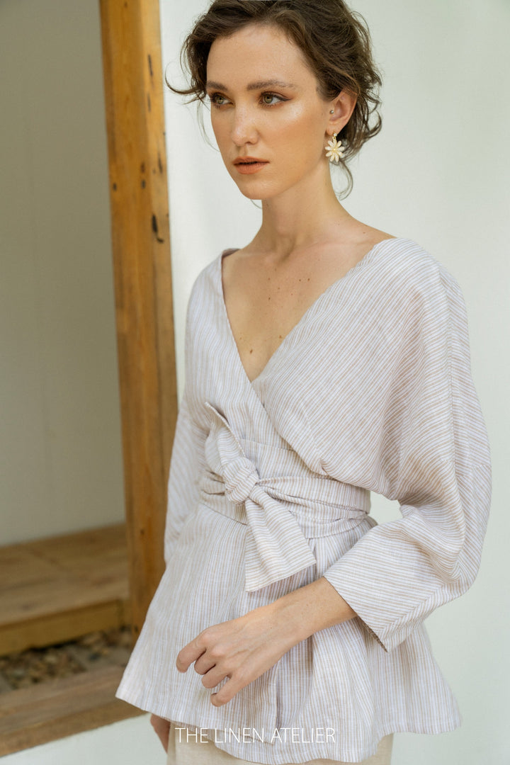 NIA V-neck Wrap Blouse Women | Linen Wrap Top | Summer Blouse For Women | Women's Linen Blouse | Made To Order Blouse | Kimono Top Women